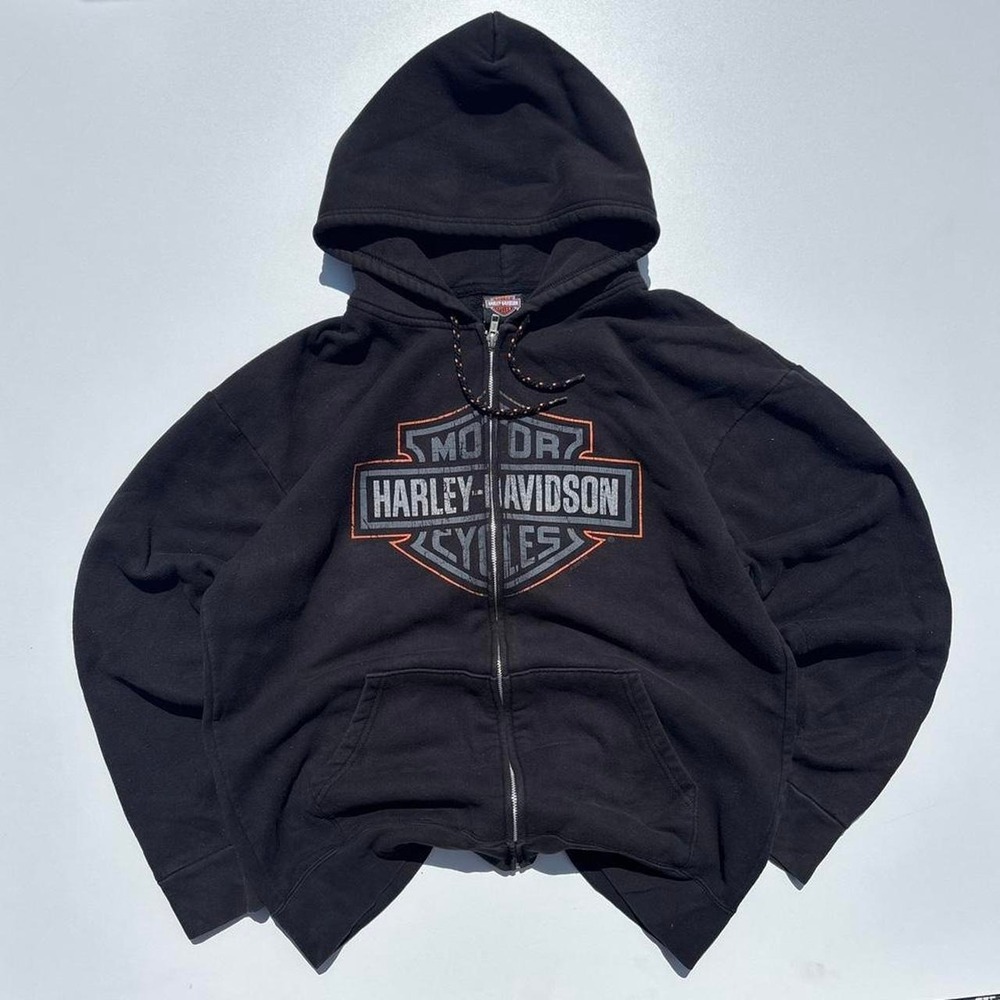 Harley Davidson black zip up hoodie with orange accents